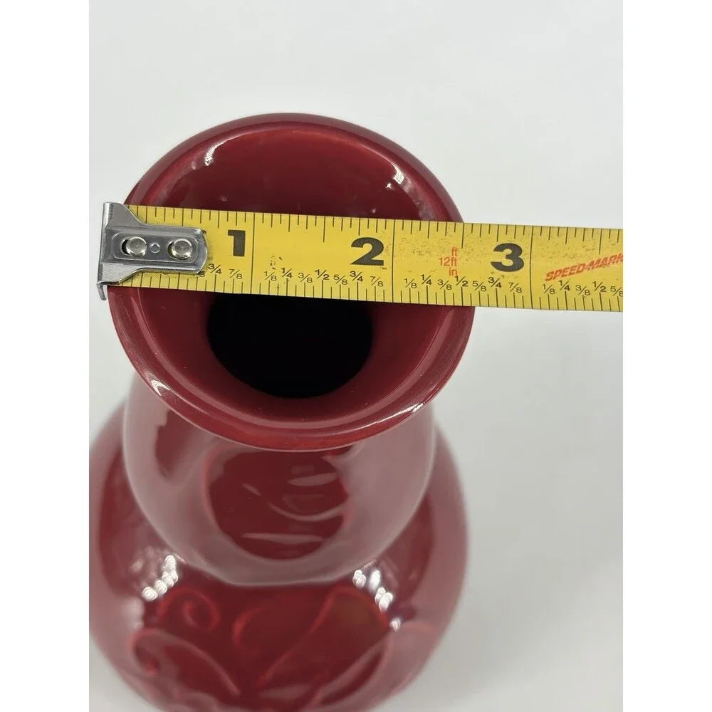 VTG Treasure Craft Ceramic Vase Red Maroon Glaze Floral Hibiscus